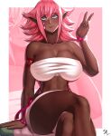 1girl absurdres arcedo bandeau bare_arms bare_shoulders borrowed_character bracelet breasts cleavage collarbone commentary commission crossed_legs dark_skin facial_mark feet_out_of_frame grey_eyes hand_up highres jewelry large_breasts long_hair looking_at_viewer midriff original pink_hair pointy_ears red_lips sidelocks sitting smile stomach strapless thighs tube_top v zoom_layer 