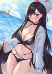  1girl beach bikini black_bikini black_choker black_hair black_wings blue_archive blue_eyes blush breasts choker cleavage collarbone day feathered_wings fingernails grin hair_ornament hairclip halo highres ichika_(blue_archive) jacket large_breasts long_hair long_sleeves looking_at_viewer low_wings ocean open_clothes open_jacket outdoors pcreambang red_halo smile solo swimsuit white_jacket wings 