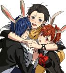  1girl 2boys :d animal_ears arm_around_neck black_hair black_jacket blue_eyes blue_hair blush bow bowtie brown_hair commentary fake_animal_ears gekkoukan_high_school_uniform green_ribbon grey_eyes group_hug hair_over_one_eye hair_slicked_back hairband hug jacket joowon_(jju_oon) long_sleeves looking_at_another looking_at_viewer mochizuki_ryouji mole mole_under_eye multiple_boys neck_ribbon open_mouth parted_lips persona persona_3 persona_3_portable ponytail rabbit_ears red_bow red_eyes ribbon scarf school_uniform shiomi_kotone shirt short_hair simple_background smile sweat upper_body white_background white_hairband white_shirt yellow_scarf yuuki_makoto 