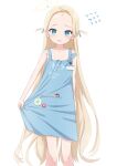  1girl absurdres apron blonde_hair blue_apron blue_archive blue_eyes blush collarbone feet_out_of_frame flat_chest flying_sweatdrops forehead highres long_hair looking_at_viewer making-of_available naked_apron open_mouth simple_background solo sora_(blue_archive) takasuma_hiro white_background 