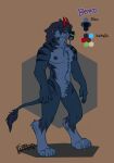 anthro blue_body dragon fangs flabberd hi_res horn horned_humanoid humanoid hybrid large_paws male model_sheet red_horn solo teeth whiskers