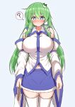  1girl ? bare_shoulders blue_eyes blue_skirt blush breasts closed_mouth cowboy_shot detached_sleeves frog_hair_ornament green_hair grey_background hair_between_eyes hair_ornament hair_tubes heart heart-shaped_pupils highres japanese_clothes kochiya_sanae large_breasts long_hair nontraditional_miko skirt snake_hair_ornament solo spoken_question_mark symbol-shaped_pupils thighhighs tksand touhou white_sleeves white_thighhighs wide_sleeves 