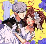  1boy 1girl :d ^_^ alternate_costume arm_around_neck black_bow black_bowtie black_jacket blue_flower blue_rose blush bow bowtie bridal_veil brown_hair carrying choker closed_eyes closed_mouth collared_shirt commentary couple curtains dress flower gloves grey_eyes grey_hair grey_vest hair_bow hand_on_another&#039;s_shoulder hetero highres husband_and_wife jacket joowon_(jju_oon) kujikawa_rise long_hair long_sleeves looking_at_another narukami_yuu open_mouth persona persona_4 princess_carry rose shirt short_hair short_sleeves simple_background smile strapless strapless_dress teeth traditional_bowtie tuxedo twintails upper_teeth_only veil vest wedding wedding_dress white_bow white_choker white_dress white_gloves wing_collar yellow_background 