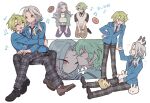  2boys absurdres animal_on_head blue_jacket blue_necktie closed_eyes closed_mouth collared_shirt commentary_request doughnut ensemble_stars! food full_body green_hair grey_hair hair_between_eyes hand_on_own_hip hands_on_own_legs happy highres holding_hands hug jacket kiss kissing_forehead kneeling long_hair long_sleeves looking_at_another male_focus meremero multiple_boys multiple_views musical_note necktie on_head one_eye_closed open_mouth pants plaid plaid_pants ponytail purple_eyes rabbit ran_nagisa red_eyes school_uniform shirt short_hair simple_background sitting sitting_on_lap sitting_on_person smile standing tomoe_hiyori translation_request upper_body white_background white_shirt yaoi yumenosaki_school_uniform 