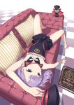  absurdres bare_shoulders book colonel_olcott_(fate/grand_order) couch dress fate/grand_order fate_(series) flat_chest foreshortening hat helena_blavatsky_(fate/grand_order) highres laika_(sputnik2nd) looking_at_viewer lying on_back purple_eyes purple_hair short_hair solo strapless strapless_dress 