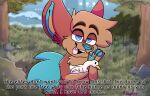 anatid anseriform anthro avian bird blue_ears blue_eyes blue_nose canid canine canis comic detailed_background dialogue drawnbyadog duck duo feral fur looking_at_viewer male mammal meme red_body red_fur red_wolf talking_to_viewer text tula_wolf wolf