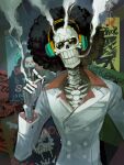  1boy afro bad_id bad_pixiv_id black_hair brook_(one_piece) character_name cigarette formal glasses headphones highres holding holding_cigarette looking_at_viewer male_focus one_piece poster_(object) santa65 skeleton smoke smoking solo suit 