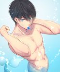  abs air_bubble bare_chest black_hair blue blue_background blue_eyes bubble free! gradient gradient_background jewelry male_focus merman monster_boy mouth_hold nanase_haruka_(free!) navel necklace no_nipples sabatora scales simple_background solo stomach toned toned_male underwater 