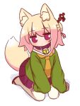  1girl animal_ears bell blonde_hair blush brown_collar brown_footwear closed_mouth collar commentary_request fox_ears fox_girl fox_tail full_body green_shirt hair_between_eyes hair_bun hair_ornament highres jingle_bell kemomimi-chan_(naga_u) long_sleeves looking_at_viewer naga_u neck_bell original pleated_skirt purple_eyes purple_skirt sailor_collar sandals shadow shirt simple_background skirt sleeves_past_fingers sleeves_past_wrists solo tail thighhighs white_background white_sailor_collar white_thighhighs zouri 