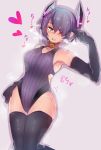  akitsuchi_shien black_gloves black_legwear breasts breath collar competition_swimsuit cowboy_shot dog_collar elbow_gloves eyepatch gloves grey_background hair_over_one_eye headgear heart heavy_breathing highres kantai_collection large_breasts looking_at_viewer one-piece_swimsuit purple_hair purple_swimsuit short_hair simple_background solo standing striped striped_swimsuit swimsuit tenryuu_(kantai_collection) thighhighs yellow_eyes 