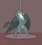 animated avian butt dancing female feral friendship_is_magic gabby_(mlp) grin gryphon hasbro my_little_pony mythological_avian mythology pole pole_dancing smile solo sombird spinning spread_butt spread_wings spreading stripper_pole wings