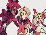  ._. 1girl 2boys alastor_(hazbin_hotel) arm_grab blonde_hair charlie_morningstar clenched_teeth colored_sclera commentary_request father_and_daughter formal grabbing_another&#039;s_arm grin hand_on_another&#039;s_shoulder hat hazbin_hotel height_difference highres long_hair lucifer_(hazbin_hotel) multiple_boys red_eyes red_hair red_sclera sharp_teeth short_hair smile suit taro_taroo2 teeth yellow_sclera 