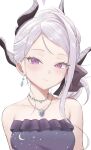  1girl absurdres bare_shoulders blue_archive blush breasts collarbone crescent_print demon_horns dress edible_sus grey_hair highres hina_(blue_archive) hina_(dress)_(blue_archive) horns looking_at_viewer multiple_horns official_alternate_costume pink_eyes purple_dress simple_background small_breasts solo star_(symbol) star_print strapless strapless_dress upper_body white_background 