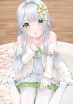  1girl :o absurdres bare_shoulders collarbone commentary_request criss-cross_halter dress finger_to_mouth frilled_dress frills green_eyes grey_dress grey_hair halterneck hand_up hashiko_nowoto head_tilt highres jacket long_hair long_sleeves looking_at_viewer no_shoes off-shoulder_jacket off_shoulder original parted_lips puffy_long_sleeves puffy_sleeves sitting sleeves_past_wrists solo thighhighs very_long_hair wariza white_jacket white_thighhighs wooden_floor 