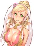  animal_ears bare_shoulders blonde_hair breasts bunny_ears cleavage cleavage_cutout commentary_request fake_animal_ears fire_emblem fire_emblem_heroes flower green_eyes hair_flower hair_ornament highres long_hair medium_breasts parted_lips pocari66 ponytail sharena simple_background solo white_background 