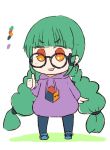  1girl :d bangs blue-framed_eyewear blue_footwear blue_legwear blunt_bangs braid chibi color_guide commentary_request full_body glasses glasses_day green_hair hood hood_down hoodie leggings long_hair long_sleeves open_mouth orange_eyes personification print_hoodie purple_hoodie round_eyewear smile solo standing thumbs_up tsukigi tumblr twin_braids twitter-san v-shaped_eyebrows very_long_hair 