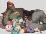 abs blonde_hair breath_of_the_wild brown_body brown_skin clothed clothing crossdressing duo elf footwear foxvulpine ganondorf gerudo gerudo_outfit girly hair humanoid humanoid_pointy_ears hylian jewelry light_body light_skin link long_hair looking_at_viewer male muscular muscular_male nintendo not_furry pillow plushie red_hair tears_of_the_kingdom the_legend_of_zelda veil