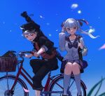  1boy 1girl asta_(black_clover) bag bicycle black_clover black_jacket black_pants blue_sky blush closed_mouth couple grey_hair hair_ribbon highres jacket low_twintails noelle_silva open_mouth pants poonwip purple_ribbon purple_skirt red_shirt ribbon riding riding_bicycle school_bag school_uniform shirt short_hair shoulder_bag skirt sky sleeves_rolled_up smile spiked_hair twintails 
