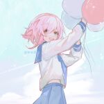  1girl alternate_costume artist_name balloon blue_eyes blue_neckerchief blue_skirt blue_sky chinese_text commentary from_side highres honkai:_star_rail honkai_(series) march_7th_(honkai:_star_rail) medium_hair midriff_peek neckerchief open_mouth pink_eyes pink_hair school_uniform shanxiban shirt skirt sky smile solo symbol-only_commentary teeth two-tone_eyes upper_teeth_only white_shirt 