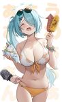  1girl belly_grab bikini blue_archive blush breasts cleavage collarbone corn crying food futasan green_hair grilled_corn hair_ornament hair_over_one_eye hairclip halo hiyori_(blue_archive) holding holding_food ikayaki large_breasts long_hair navel o-ring o-ring_bottom open_mouth pinching side_ponytail solo_focus standing stomach swimsuit tears two-tone_bikini 