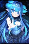  1girl black_bow blue_dress blue_eyes blue_hair bow breasts cleavage cleavage_cutout clothing_cutout collared_shirt commentary diamond_(shape) diamond_hair_ornament dress english_commentary frills hand_on_own_hip highres horns ketopon light_blush medium_breasts multiple_horns night night_sky open_hand original pale_skin pointy_ears reaching reaching_towards_viewer shirt sky sleeveless sleeveless_shirt slit_pupils smile star_(sky) tiara 