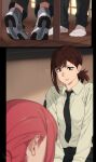  2girls ? artist_name asymmetrical_hair black_necktie blurry blurry_foreground blush braid braided_ponytail breasts bright_pupils brown_eyes brown_hair chainsaw_man collared_shirt commentary depth_of_field english_commentary eyelashes feet feguimel grey_footwear hair_ornament hairclip higashiyama_kobeni highres indoors looking_at_another makima_(chainsaw_man) mole mole_under_mouth multiple_girls necktie no_shoes parted_bangs pink_hair ponytail shadow shirt shoes signature single_sidelock sitting small_breasts sneakers socks standing sweatdrop white_pupils white_shirt white_socks wooden_floor 