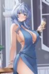  1girl absurdres ako_(blue_archive) ako_(dress)_(blue_archive) alcohol arikawa_rui black_hairband blue_archive blue_dress blue_eyes blue_hair blue_halo blush bracelet breasts champagne champagne_flute cleavage cup dress drinking_glass earrings hairband halo highres holding holding_cup jewelry large_breasts looking_at_viewer medium_hair official_alternate_costume parted_lips sideless_dress sideless_outfit single_handcuff sleeveless sleeveless_dress smile thighs 