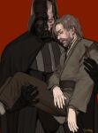  01lcg 2boys absurdres anakin_skywalker armor artist_name beard black_armor black_cape blood cape darth_vader facial_hair highres holding multiple_boys mustache obi-wan_kenobi obi-wan_kenobi_(disney+) red_background simple_background sith twitter_username 