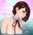  bare_shoulders black_neckwear black_ribbon breasts brown_eyes brown_hair choker flower from_side large_breasts lips mole mole_under_eye neck_ribbon original outdoors parted_lips partially_submerged petals pink_flower ribbon saori_(unsomnus) short_hair smile solo twitter_username unsomnus upper_body water 