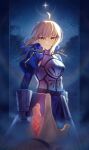  1boy 1girl absurdres ahoge armor armored_dress artoria_pendragon_(fate) blonde_hair blue_dress blue_ribbon breastplate closed_mouth command_spell dress emiya_shirou fate/stay_night fate_(series) faulds gauntlets green_eyes hair_ribbon highres juliet_sleeves light_particles long_sleeves looking_at_viewer moto_(otemoto02) night night_sky pov pov_hands puffy_sleeves reaching ribbon saber_(fate) serious short_hair sidelocks signature sky solo_focus 