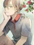  1boy amrta black_shirt branch brown_pants closed_mouth dated falling_petals flower grey_background grey_eyes hair_between_eyes happy_birthday head_on_hand male_focus pants petals red_flower shirt short_hair short_sleeves sitting solo un-go yuuki_shinjuurou 