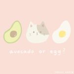  animal artist_name avocado brown_cat cat commentary english_text food fried_egg grey_cat necono_naco no_humans original pink_background signature simple_background 