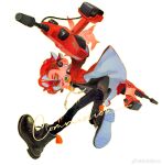  1boy absurdres black_footwear black_pants black_vest boots commission creamyghost dual_wielding dualie_squelcher_(splatoon) fangs headphones headphones_around_neck highres holding holding_weapon jacket long_sleeves looking_at_viewer looking_back male_focus octoling octoling_boy open_mouth outline pants red_hair red_jacket shoe_soles simple_background solo splatoon_(series) teeth tentacle_hair vest watermark weapon weibo_logo weibo_username white_background yellow_eyes yellow_outline 