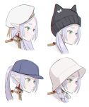  1girl baseball_cap beanie beret black_headwear blue_headwear braid braided_ponytail bucket_hat capelet drop_earrings earrings elf expressionless frieren green_eyes grey_hair hat jewelry long_hair multiple_views oto1_030 parted_bangs pointy_ears ponytail profile simple_background sousou_no_frieren white_background white_capelet white_headwear 