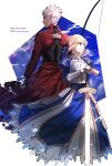  1boy 1girl absurdres anniversary archer_(fate) arm_at_side armor armored_dress armored_gloves artoria_pendragon_(fate) back-to-back blonde_hair blue_dress blue_ribbon bow_(weapon) commentary_request copyright_name dress expressionless fate/stay_night fate_(series) feet_out_of_frame glowing glowing_sword glowing_weapon green_eyes grey_eyes hair_bun hair_ribbon highres holding holding_sword holding_weapon juliet_sleeves long_sleeves looking_afar looking_at_viewer looking_back medium_hair puffy_sleeves red_shirt ribbon saber_(fate) shirt short_hair sideways_glance simple_background single_hair_bun spiked_hair standing sword weapon white_background white_hair yamano_udumi 