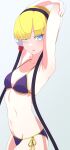  1girl absurdres arms_up bikini black_hairband blonde_hair blue_eyes blunt_bangs blush breasts camui1104 collarbone elesa_(pokemon) eyes_visible_through_hair furrowed_brow hairband headphones highres medium_breasts no_choker pokemon pokemon_bw purple_bikini short_hair swimsuit 