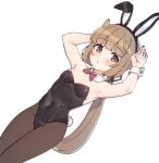  1girl :o aa211108 alternate_costume animal_ears armpits arms_up bare_shoulders black_leotard black_pantyhose blush bow bowtie breasts brown_hair commentary covered_navel detached_collar dutch_angle fake_animal_ears fake_tail idolmaster idolmaster_cinderella_girls leotard long_hair looking_at_viewer pantyhose playboy_bunny ponytail rabbit_ears rabbit_pose rabbit_tail red_bow red_bowtie simple_background small_breasts solo strapless strapless_leotard tail very_long_hair white_background wrist_cuffs yorita_yoshino 