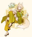  1boy animal_ears blonde_hair blue_eyes closed_mouth cup eichi_turnr ensemble_stars! fox_boy fox_ears fox_tail green_jacket green_pants highres jacket kettle long_sleeves looking_at_viewer male_focus official_alternate_costume one_eye_closed pants sandals short_hair socks solo tail teacup tenshouin_eichi white_socks 