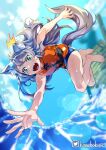  animal_ear_fluff animal_ears blue_one-piece_swimsuit commission falling feet green_eyes grey_hair kamabokopic life_vest long_hair long_tail looking_ahead midair one-piece_swimsuit open_mouth original reaching sharp_teeth skeb_commission surprised sweatdrop swim_vest swimsuit tail teeth twitter_username upper_teeth_only water wolf_ears wolf_girl zipper zipper_pull_tab 