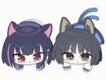  2girls animal_ear_fluff animal_ears animated animated_gif black_hair blue_archive blue_halo blue_skirt cat_ears cat_tail chibi chibi_only closed_mouth commentary_request fighting_stance gradient_tail halo imminent_pounce jacket kazusa_(blue_archive) kikyou_(blue_archive) light_frown long_sleeves looking_at_viewer medium_hair multicolored_hair multiple_girls multiple_tails no_nose parted_bangs pink_hair pink_halo red_eyes red_pupils shirt skirt striped_clothes striped_jacket tail umihio vertical-striped_clothes vertical-striped_jacket white_shirt white_skirt 
