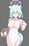  1girl ^_^ absurdres animal_ears blue_archive blue_halo bottle breasts bucket cleavage closed_eyes coke0502 collarbone extra_ears feet_out_of_frame green_hair grey_background halo highres holding holding_bottle holding_bucket large_breasts median_furrow medium_hair naked_towel official_alternate_costume purple_eyes shigure_(blue_archive) shigure_(hot_spring)_(blue_archive) short_twintails simple_background solo tail tokkuri towel twintails weasel_ears weasel_tail white_towel 