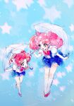  1990s_(style) 2girls :d ahma bishoujo_senshi_sailor_moon blue_background blue_eyes blue_skirt bow bowtie bright_pupils buttons chibi_usa commentary cone_hair_bun double_bun flats hair_bun holding holding_umbrella kneehighs looking_at_another multiple_girls open_hand open_mouth pink_bow pink_bowtie pink_hair plantar_flexion puffy_short_sleeves puffy_sleeves rain red_eyes red_footwear retro_artstyle ripples sailor_collar school_uniform serafuku short_sleeves skirt smile socks star_(symbol) starry_background symbol-only_commentary tsukino_usagi umbrella white_pupils white_sailor_collar white_serafuku white_socks 
