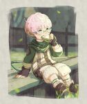  1boy black_gloves blue_eyes earrings eating final_fantasy final_fantasy_xiv fingerless_gloves food gloves green_scarf holding holding_food jewelry lalafell male_focus nomu_poncha outdoors pink_hair sandwich scarf short_hair sitting solo warrior_of_light_(ff14) 