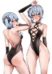  absurdres arm_up ass ass_visible_through_thighs backless_swimsuit black_one-piece_swimsuit blue_hair blush breasts clenched_teeth collarbone commission covered_navel groin high_side_ponytail highleg highleg_swimsuit highres hololive hoshimachi_suisei medium_breasts mooninkyuu multiple_views one-piece_swimsuit open_mouth purple_eyes simple_background skeb_commission swimsuit teeth thighs v-shaped_eyebrows virtual_youtuber wavy_hair white_background 