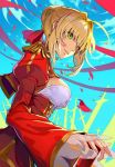  bangs blonde_hair blue_sky braid breasts cleavage commentary_request day dress epaulettes eyebrows_visible_through_hair fate/grand_order fate_(series) field_of_blades french_braid from_side green_eyes hair_bun hair_intakes highres juliet_sleeves large_breasts long_sleeves nero_claudius_(fate) nero_claudius_(fate)_(all) outdoors parted_lips pokimari puffy_sleeves red_dress red_ribbon ribbon sideboob sky sword weapon wide_sleeves 