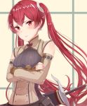  1girl blush closed_mouth crossed_arms fingerless_gloves fire_emblem fire_emblem:_kakusei gloves haru_(nakajou-28) long_hair nintendo red_eyes red_hair scabbard selena_(fire_emblem) sheath sheathed sleeveless solo sword twintails upper_body weapon 