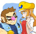  1boy 1girl big_nose blue_eyes blue_jacket blue_shirt brown_hair coat dress facial_hair fingerless_gloves gloves highres jacket long_hair mona_(warioware) mustache omu_(sinsindan) orange_hair pointy_nose red_dress shirt thick_eyebrows wario warioware white_coat yellow_gloves yellow_headwear 