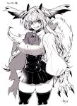  1girl bow bowtie breasts claws corset fangs greyscale head_wings highres horns large_breasts long_hair long_sleeves looking_at_viewer monochrome open_mouth original shirt signature simple_background skirt solo tail takatsuki_ichi teeth thighhighs thighs white_background wings zettai_ryouiki 