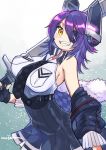  artist_name black_gloves black_jacket blue_background breasts checkered checkered_neckwear eyepatch fur-trimmed_jacket fur_trim gloves gradient gradient_background grin headgear jacket kantai_collection large_breasts looking_at_viewer medium_hair mogamiya_honu necktie partly_fingerless_gloves purple_hair remodel_(kantai_collection) school_uniform sideboob smile solo sword tenryuu_(kantai_collection) weapon yellow_eyes 