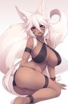  absurdres animal_ear_fluff animal_ears ankle_strap arm_strap arm_support ass aurora_(kanachirou) barefoot bikini borrowed_character breasts dark_skin eyebrows_visible_through_hair facial_mark fangs fox_ears fox_tail gradient gradient_background halterneck highres large_breasts long_hair looking_at_viewer navel open_mouth original purple_eyes sitting solo sub-res swimsuit tail thigh_strap white_hair wrist_straps 